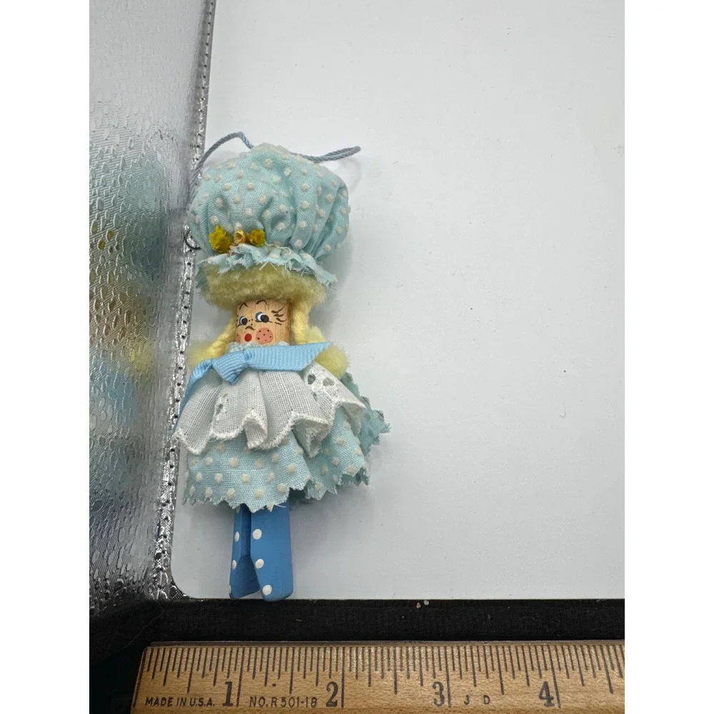 Vintage Handmade Clothespin Doll Ornament Blue Polka Dot Folk Art 4.5